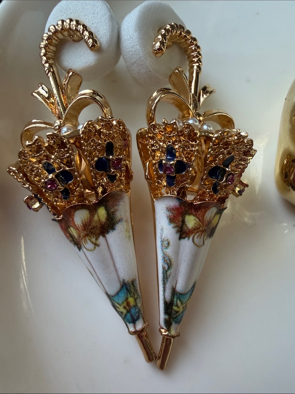 Gold Floral Porcelain Cone Drop Earrings - Elegant Women’s Jewelry